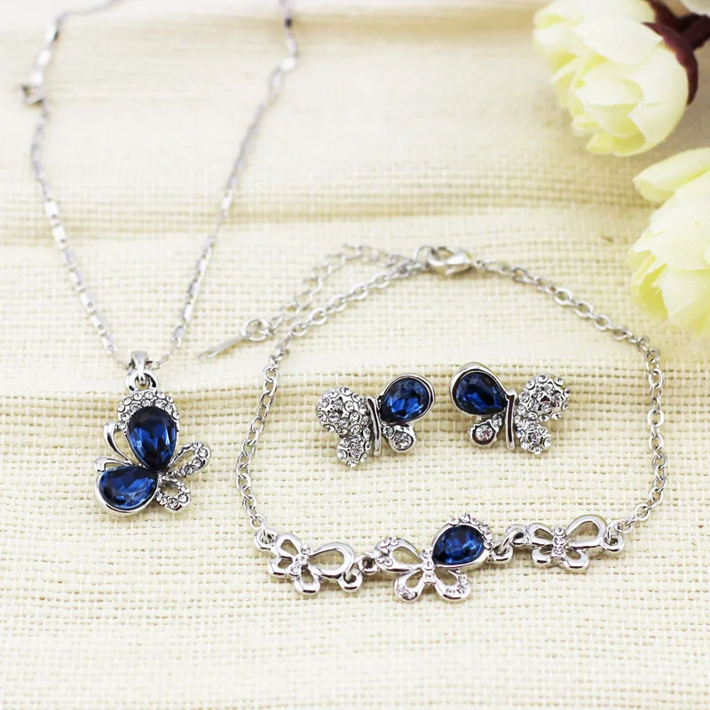 Бабочка с австрийскими кристаллами кулон Модные Ювелирные наборы ожерелье серьги браслет аксессуары милые романтические подарки