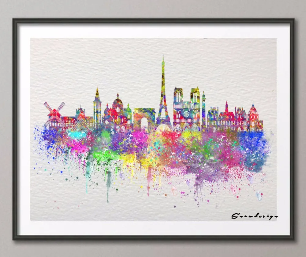 

Original watercolor Paris skyline canvas painting wall art poster print pictures living room home decoration wall Hanging gifts