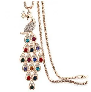

Fashion Fine Jewelry Super Dazzling Gold-color Rhinestone Colorful Peacock Long Necklace & Pendants For Women