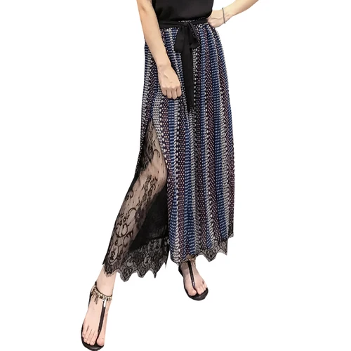 

Loose Chiffon Split Wild Wide Leg Pants Lace Patchwork Chic Pants For Women Brief Fashion Women's Trousers Casual Pantalon Femme
