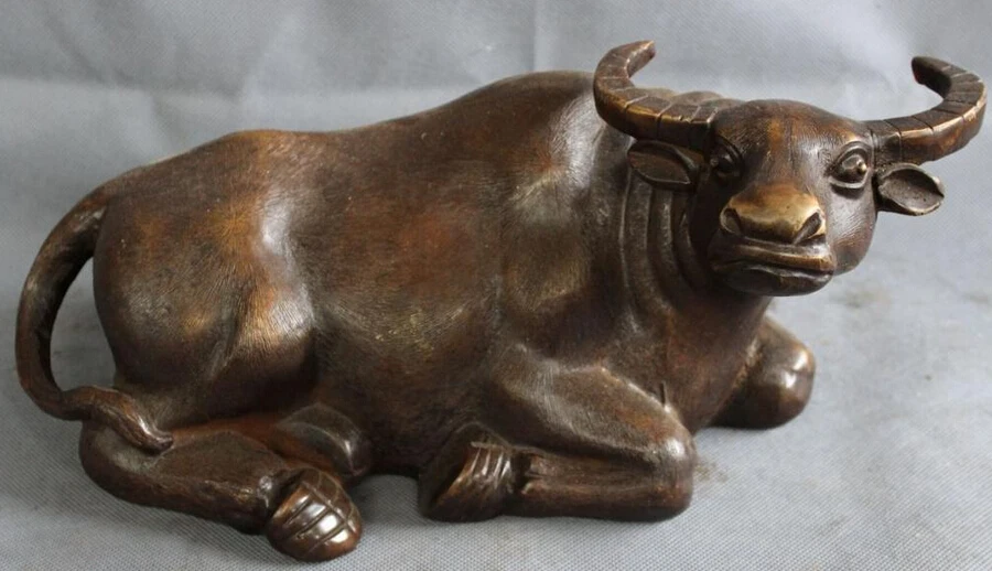 

JP S0606 14" Folk Chinese Bronze Animals Year Zodiac Wealth Lying Strong Bull Ox Statue