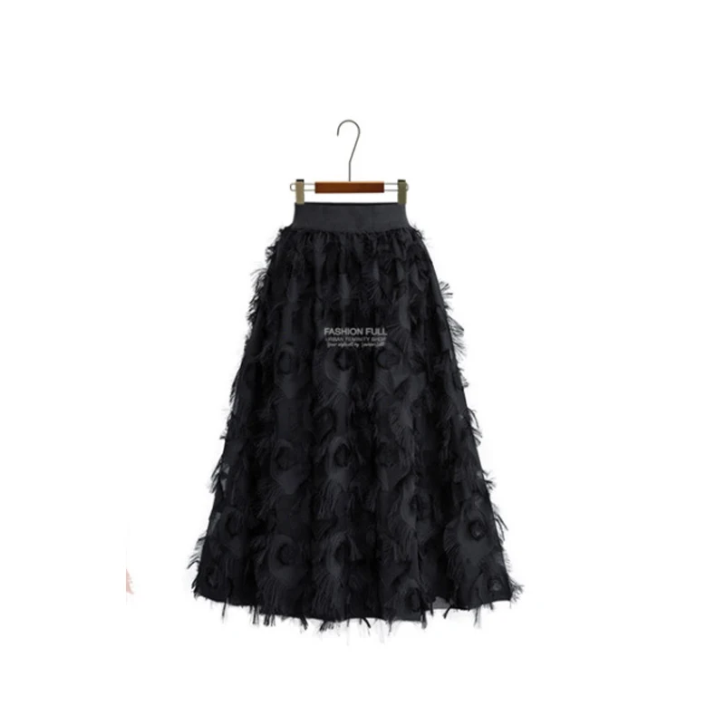 

Women 'S Skirt Mid Waist Solid Color Patchwork Sweet Aline Skirt European And American 2018 New Style Eyelashes Tassled Feathers