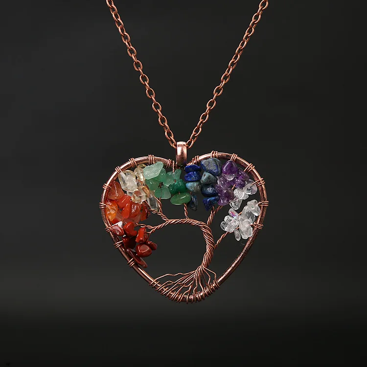 Ручной работы Дерево жизни ожерелье с кулоном в форме сердца Женская медная цепь чакра натуральный камень ювелирные изделия Радужный кварц кристалл подарок