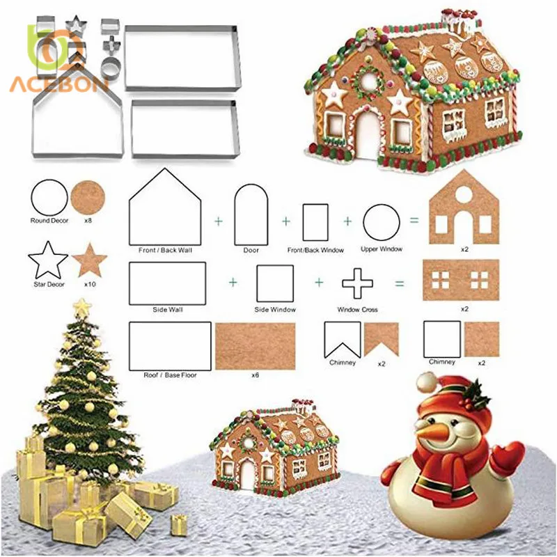 

ACEBON 10pcs 3D Gingerbread house Stainless Steel Christmas Scenario Cookie Cutters Set Biscuit Mold Fondant Cutter Baking Tool