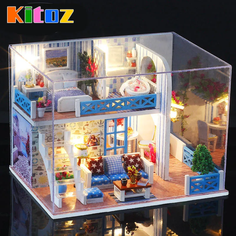 Kitoz DIY Кукольный дом Приморская вилла миниатюрная Маленькая деревянная коробка