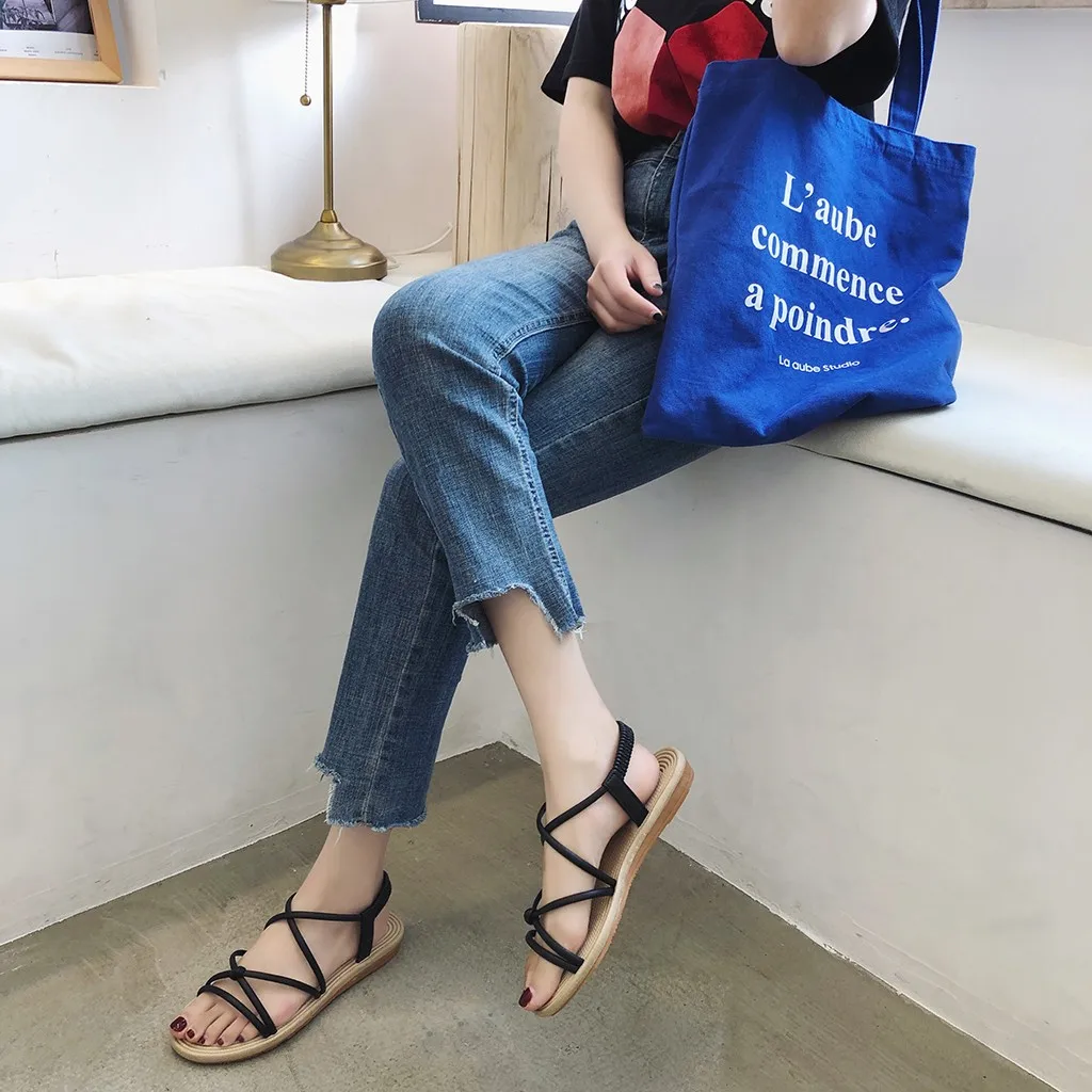 

2019 sandals Womens Fashions Ladies Cross-tied lace up Summer Beach Cross Open Toe RomanSandals Elastic Strap Flat Shoes