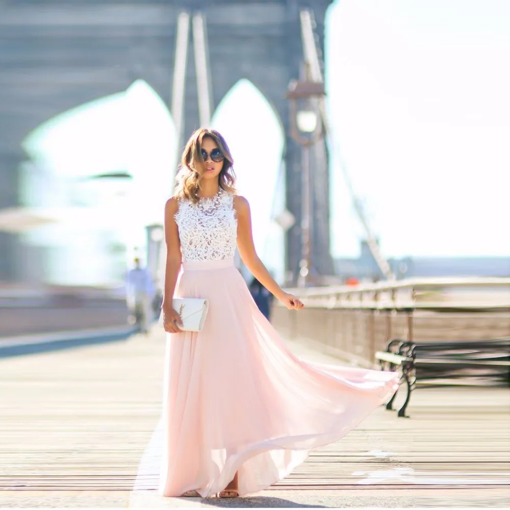 

Light Pink Chiffon Skirt Zipper Waistline A Line Floor Length Long Maxi Skirt Smooth Thin Summer Skirts Women