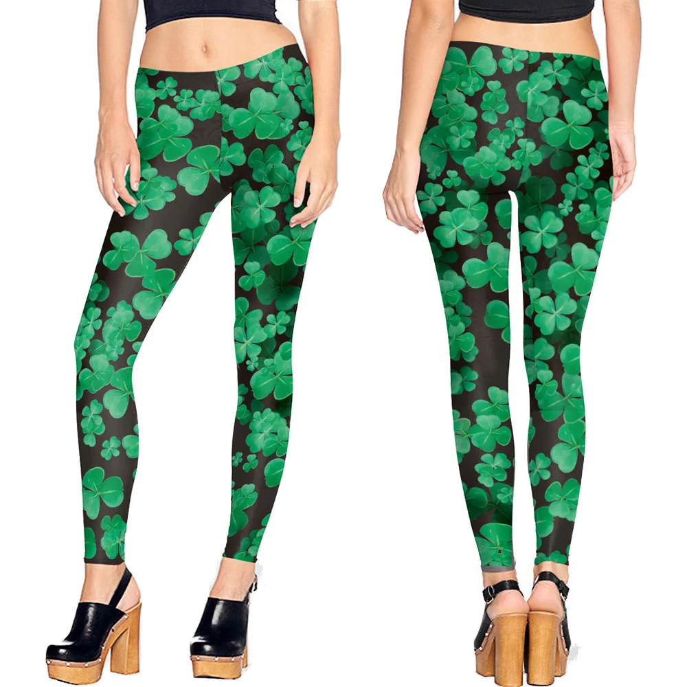 Green Clover Full Print Sports Yoga Leggings Fitness Jogging Pants