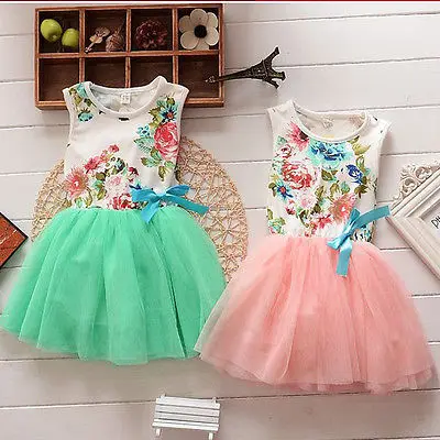 

Girls Baby Kids Clothes Ball Gown Party Dresses Bow Cute Summer Floral Tops Fancy Tutu Dress Tulle One-pieces 1-4Y