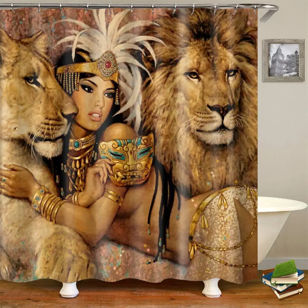 

Lion Shower Curtain Waterproof Polyester Fabric African Woman And Lions Sexy Woman Bathroom Shower Curtain Set With Hooks