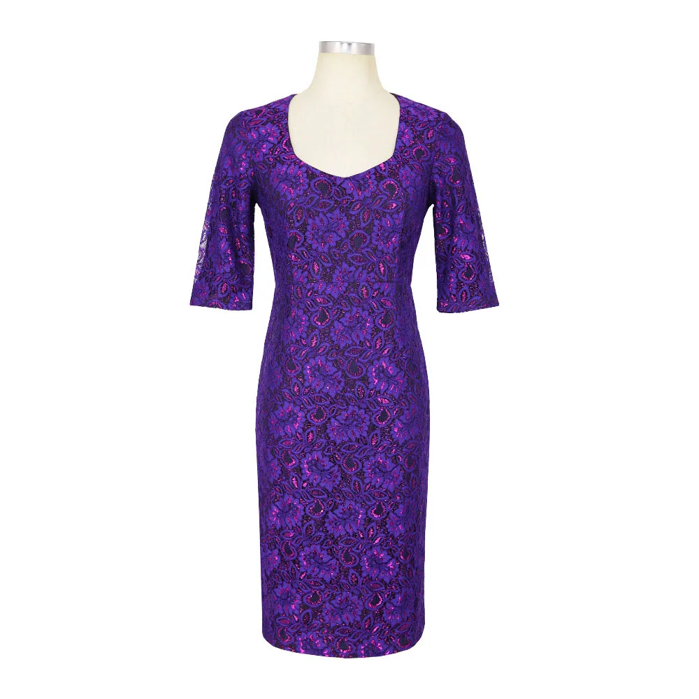 Женские винтажные элегантные вечерние платья большого размера s с рукавом до локтя, Цветочная кружевная вышивка, облегающие платья-карандаш размера плюс - Цвет: Фиолетовый