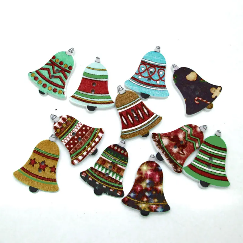 50 шт., 24x19 мм, разноцветные рождественские колокольчики, деревянные пуговицы для шитья одежды, декоративное рукоделие, скрапбукинг, аксессуары для рукоделия