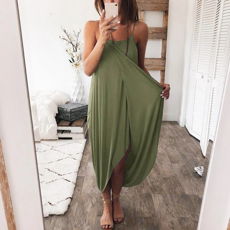 Female Ladies Holiday Strappy Irregular Wrap Maxi Summer Dress Women Loose Solid Color Sleeveless Sexy Sundress Plus Size S-3XL