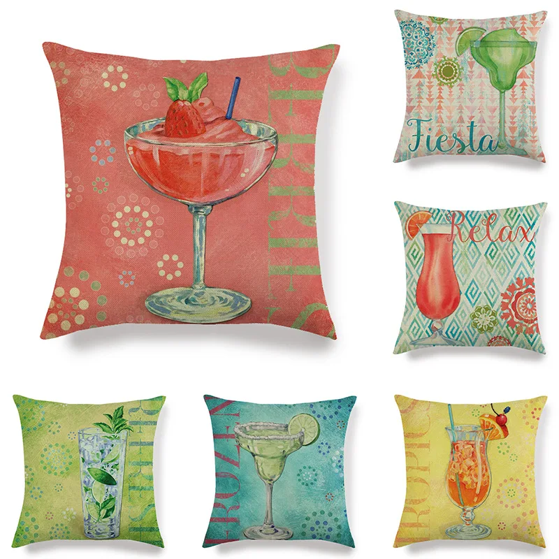 

Summer Fruit Goblet Drink Pattern Cushion Cover Lemon Strawberry English Nostalgic Pillow Case Watercolor Square Chataccessories