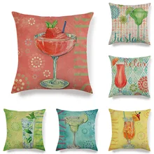 Summer Fruit Goblet Drink Pattern Cushion Cover Lemon Strawberry English Nostalgic Pillow Case Watercolor Square Chataccessories