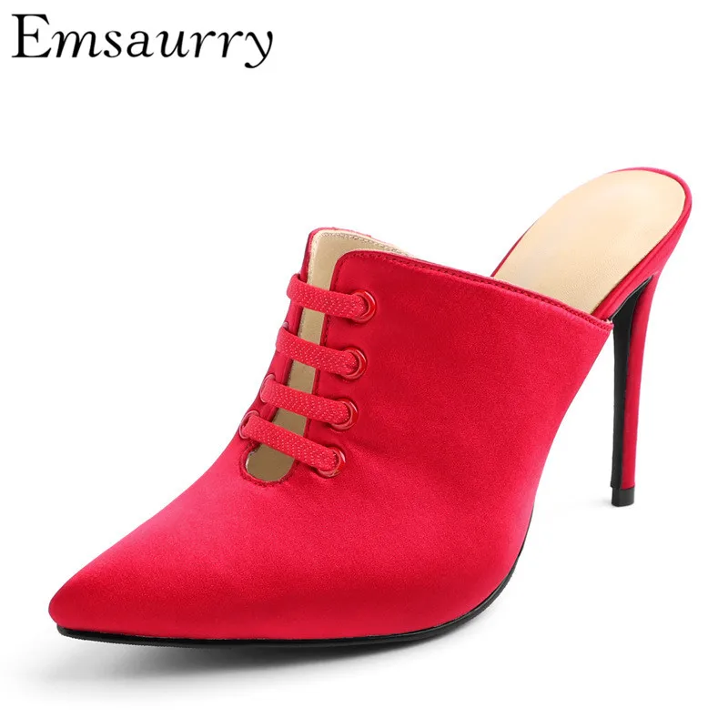 

2019 Summer Red Satin Pointed Toe Mules For Lady Cover Toes 10cm Thin High Heels Cut Outs Slingback Slim Women Slippers