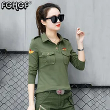 Новая повседневная рубашка поло размера плюс женские топы с длинным рукавом Военный стиль армейский зеленый черный хлопок тонкая рубашка-поло с вышивкой M8806