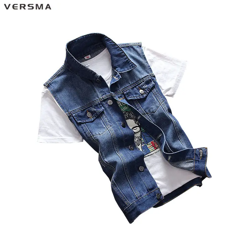 VERSMA Blue Jeans Vest Mens Waistcoats Vests of Men Denim Sleeveless Jacket Men Vest Denim Motorcycle Vest Men Jacket Coat XXXL