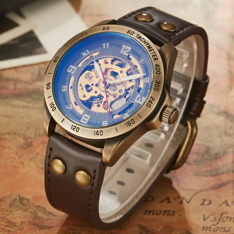 Vintage Men Automatic Mechanical Watch Bronze Case Gold Skeleton Dial Steampunk Leather Self Winding Male Mens Wristwatch Clock