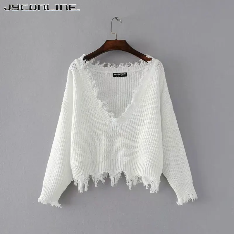 JYConline Sexy Knitted Sweater Women Jumper Black White V-neck Ripped Pullover Sweater Pull Femme Oversized Sweater Knitwear Top