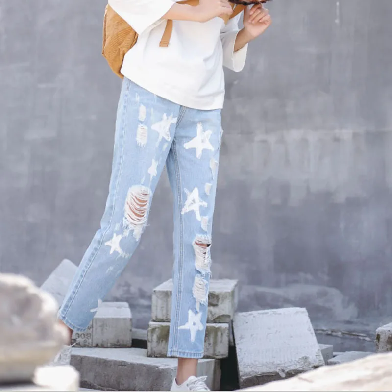 

2017 Fashion Clothes Women Denim Pants High Waist Star Print Hole Ripped Washed Harem Pants Loose Casual Lady Cotton Jeans Pants
