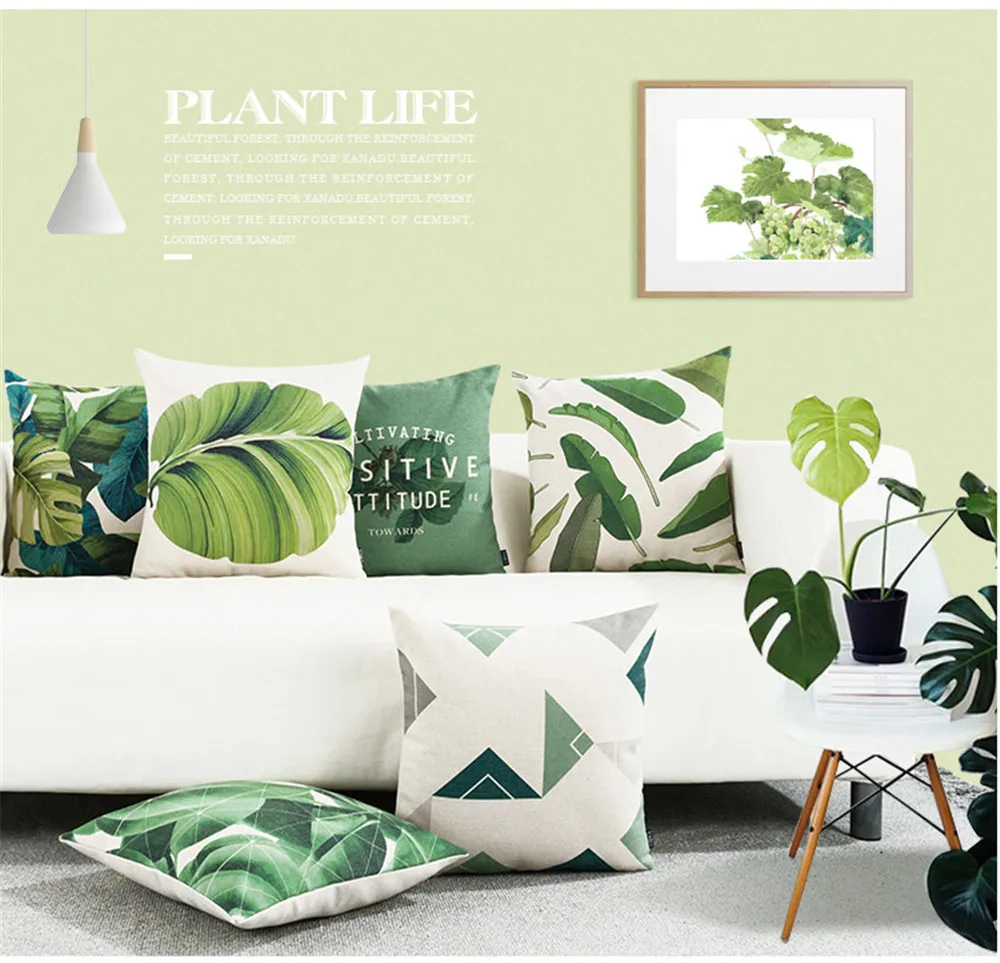 Чехол для подушки в скандинавском стиле с тропическими растениями и зелеными листьями для поясницы, наволочка для подушки, украшение для дивана, дома, спальни