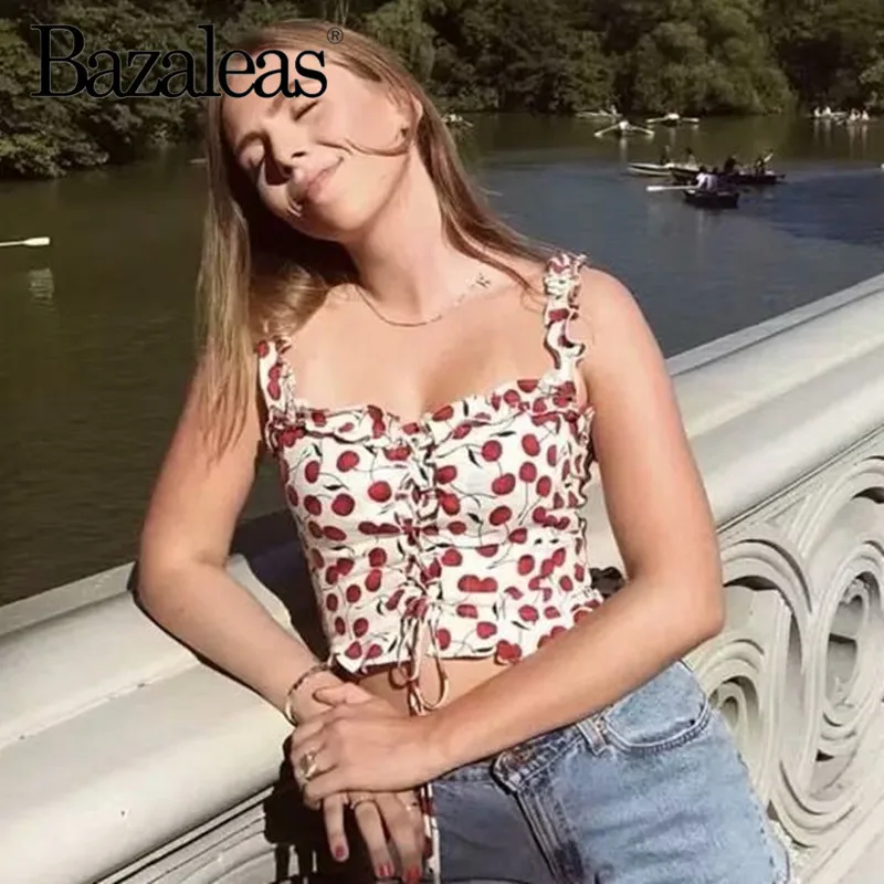 

Bazaleas France Center Bandage Cross women Cropped Camis Fashion ruffles Cherry Print Women Tank Top crop top drop shipping