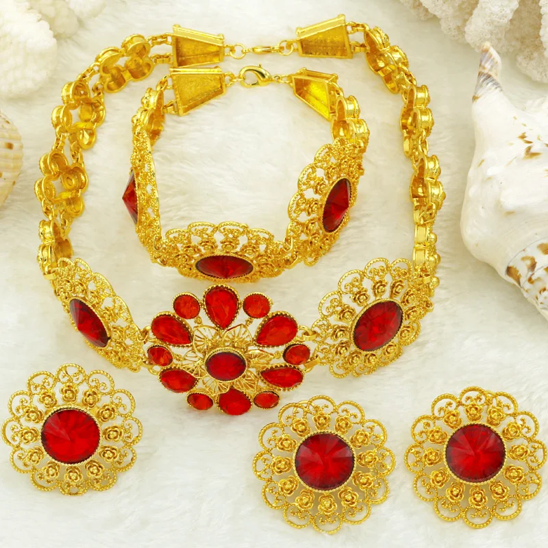 

Dubai Gold Jewelry Sets Bead Jewelry Luxury High Quality Alloy Material Exaggerated Big Necklace Fashion Woman Jewelry Bride Set