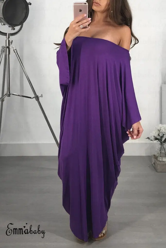 Женское летнее вечернее платье с открытыми плечами и длинным рукавом, Длинное Макси платье плюс - Цвет: Фиолетовый