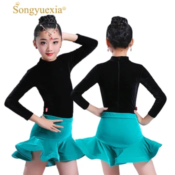 

Girls' Long-Sleeved Latin Dance Skirt Suit Children's Winter Practice Dancing Clothing Juvenile Dancing Show Suit