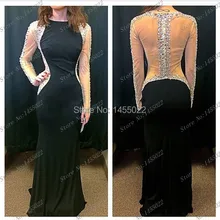 2015 neue Ankunft Sexy Mantel Scoop Abendkleid mit Öffnen zurück Langarm Kristall Meerjungfrau Kleid Perlen Long Black Prom kleider