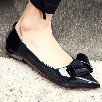 

YMECHIC 2018 Fashion Sweet Butterfly-knot Patent Leather Pointed Toe Ladies Flat Heel Party Shoes Woman Summer Plus Size Black