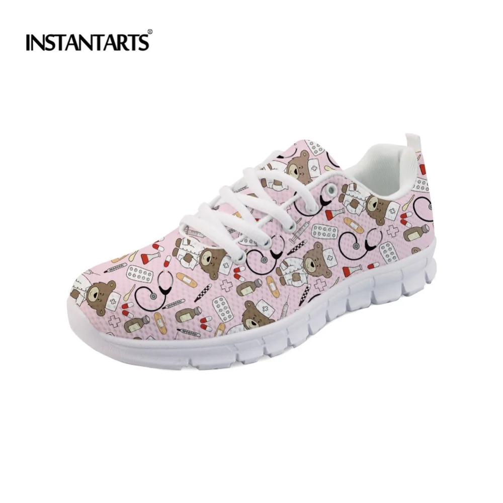 

INSTANTARTS Women Lace Up Flats Cute Cartoon Bear Nurse Sneakers Female Casual Flat Shoes Lady Girls Pediatrics Nursing Shoes