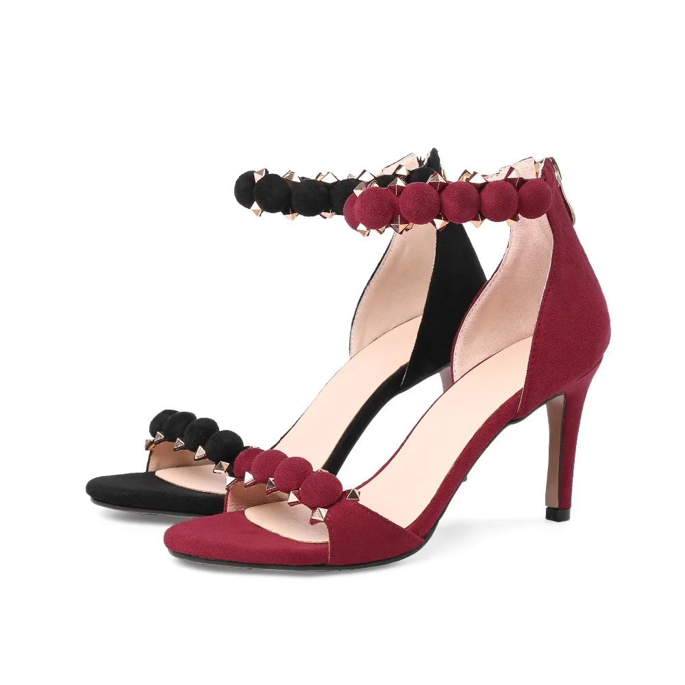 Sandalen Solide Streetwear Lenkisen Heels Schwarzes High Kid Weiche Büro Suede Dekoration L88 rot Metall Größe wein Handgefertigte Frauen Nieten Plus PZfPAq