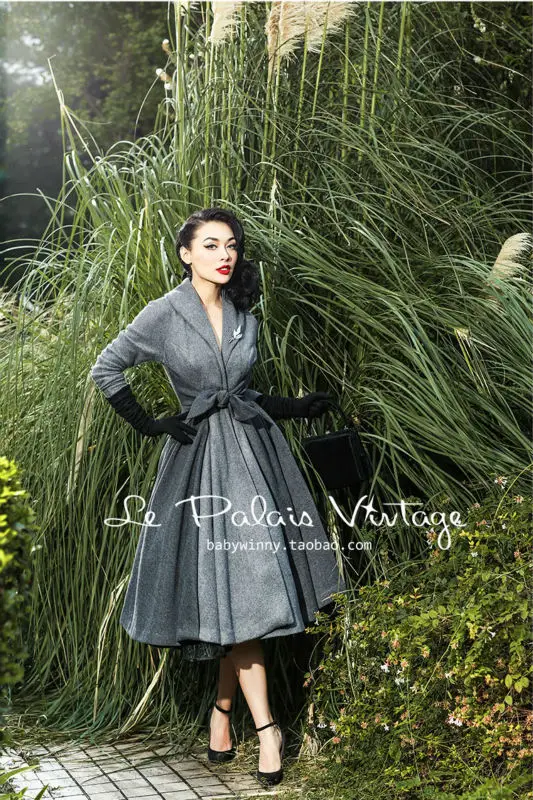 Kopen 2015 Le Palais Vintage Elegante Retro Grijs Stiksels Taille Grote Slinger All Match Lange Jas Hoge Kwaliteit vrouwen Kleding