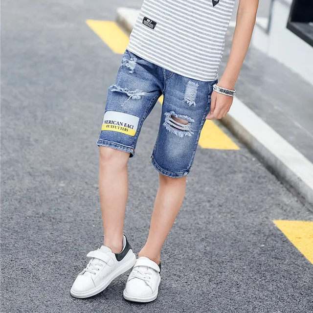 4-13Y Summer Fashion Boy Print Letter Denim Pocket Short Jeans Pants Trousers Elastic Waist Kids Shorts Hole Children's Clothing 2