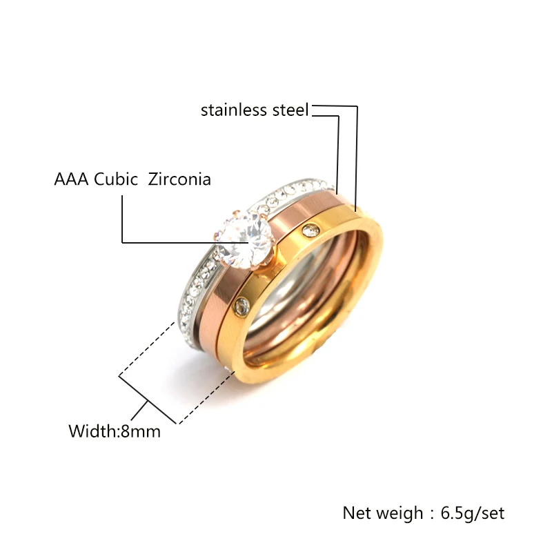 316L ювелирные изделия из нержавеющей стали уникальные 3 в 1 кольца в форме сердца для женщин трехцветные Стальные CZ хрустальные кольца
