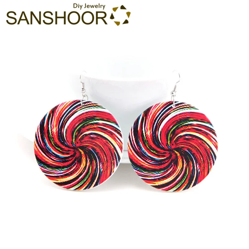

SANSHOOR Painting Rainbow Swirl Artistic Wood Drop Earrings Bohemia Jewelry 6cm Big Diameter As Women Christmas Gift 1Pair
