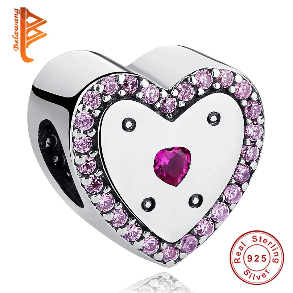

BELAWANG Real 925 Sterling Silver Pink Crystals Heart Charms Beads fit Original Bracelets for Women DIY Jewelry Accessories