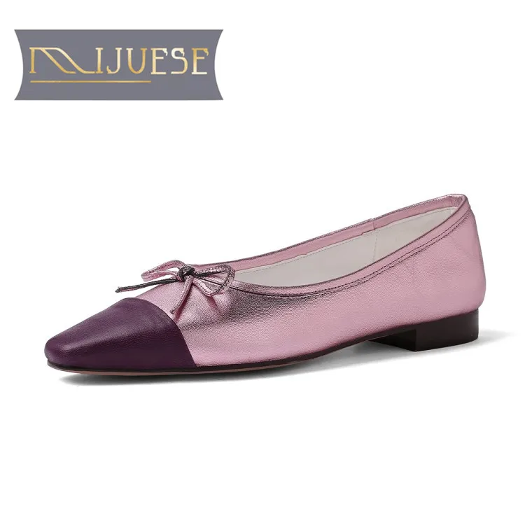 

MLJUESE 2019 women flats Soft Cow leather bow-tied square toe flats shoes spring autumn comfortable casual shoes party dress
