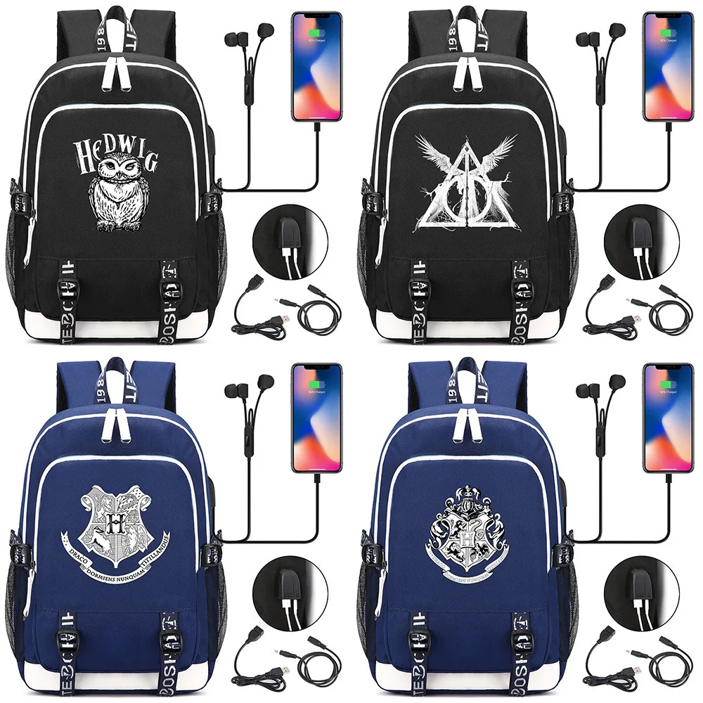 

Hot Movie Game The Deathly Hallows USB Backpack Laptop Bags Cosplay HOGWARTS School Bags Bookbag Kids Teens Shoulder Travel Bags
