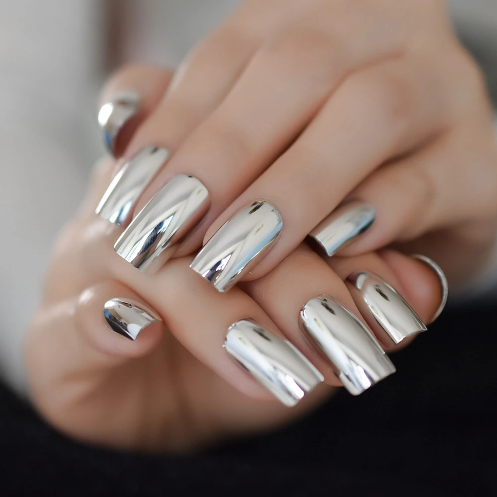 Блестящие Серебристые Металлические Длинные Накладные накладные ногти в стиле панк с металлическим покрытием, зеркальные накладные ногти, искусственный маникюр, украшение для пальцев