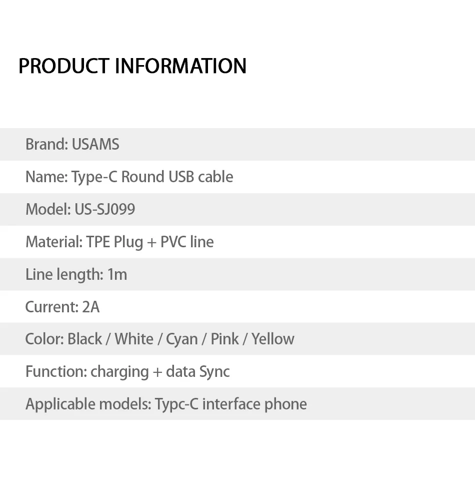 USAMS type-C кабель для мобильного телефона, кабель для быстрой зарядки для USB C, шнур для передачи данных для мобильного телефона, провод для samsung, Xiaomi, huawei, Meizu