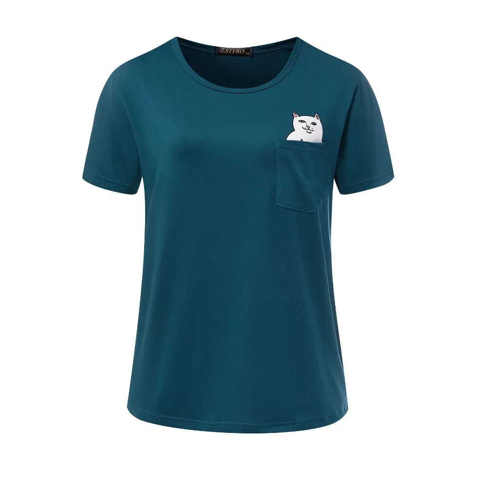 Новая летняя женская футболка с карманом и принтом кота, парные топы Харадзюку, футболка с коротким рукавом, милая стильная повседневная футболка, топ