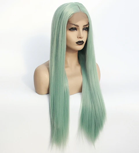 Mint Green Wig Long Synthetic Wig Silky Straight Glueless Wigs for Women Half Hand Tied Heat Resistant Fiber-12