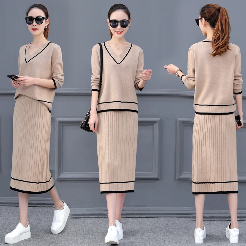 

2 PCS Woman Autumn Knitting Set V - Neck Sweater + Skirt Suit Female Causal Comfortable Outfit