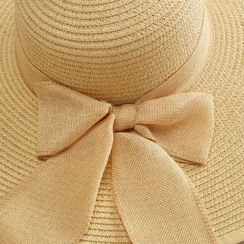 Для женщин летние каникулы соломенная шляпа от солнца сладкий сплошной карамельный цвет Extra Wide Панама с полями Складная лента бантом УФ