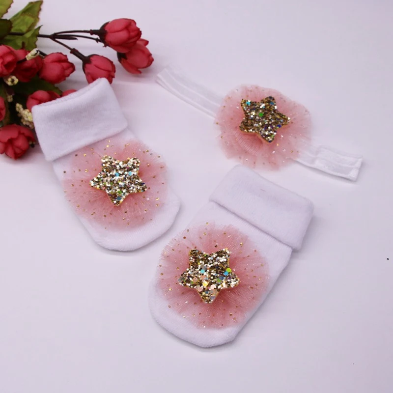 Г. Носки для маленьких девочек блестящие сетчатые цветы, детские Нескользящие носки+ повязка на голову, 2 комплекта