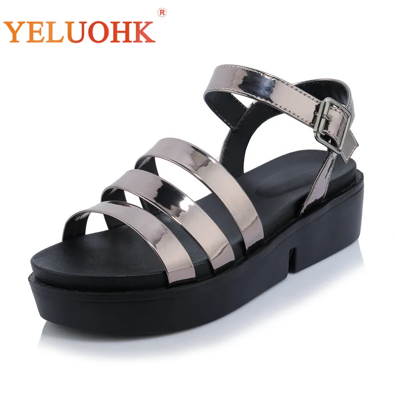 

33-44 Women Sandals Flat Patent Leather Sandals Women 2018 Summer Shoes Big Size