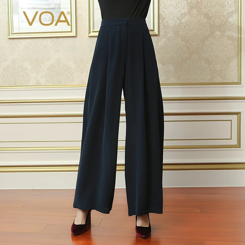

VOA 2018 Fall Fashion Simple Loose Plus Size Women Wide Leg Pants Solid Deep Cyan Office Lady Heavy Silk Trouser KLH05301